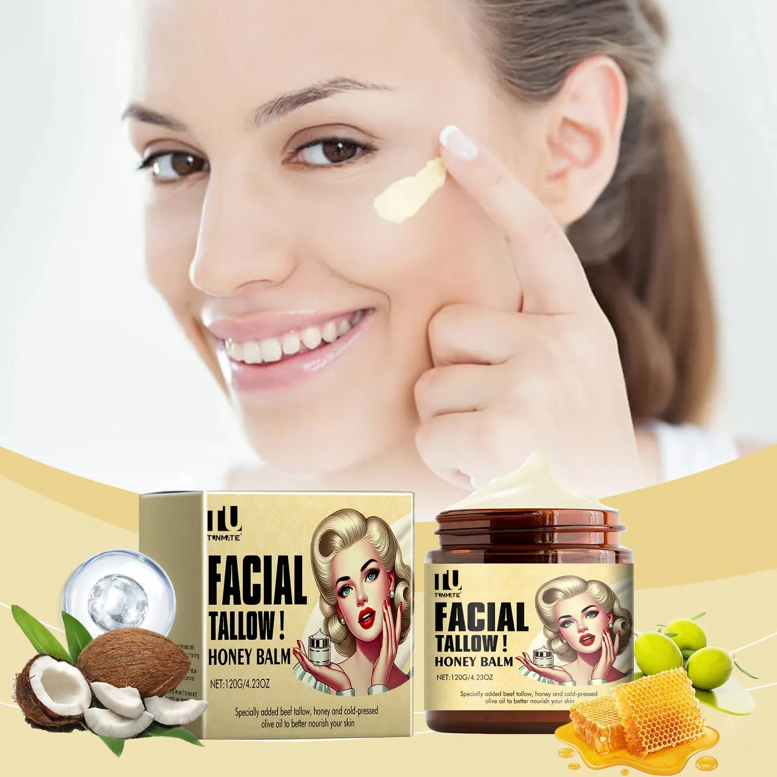 Beef tallow skincare balm in a 120g container, whipped grass fed tallow moisturiser for face and body
