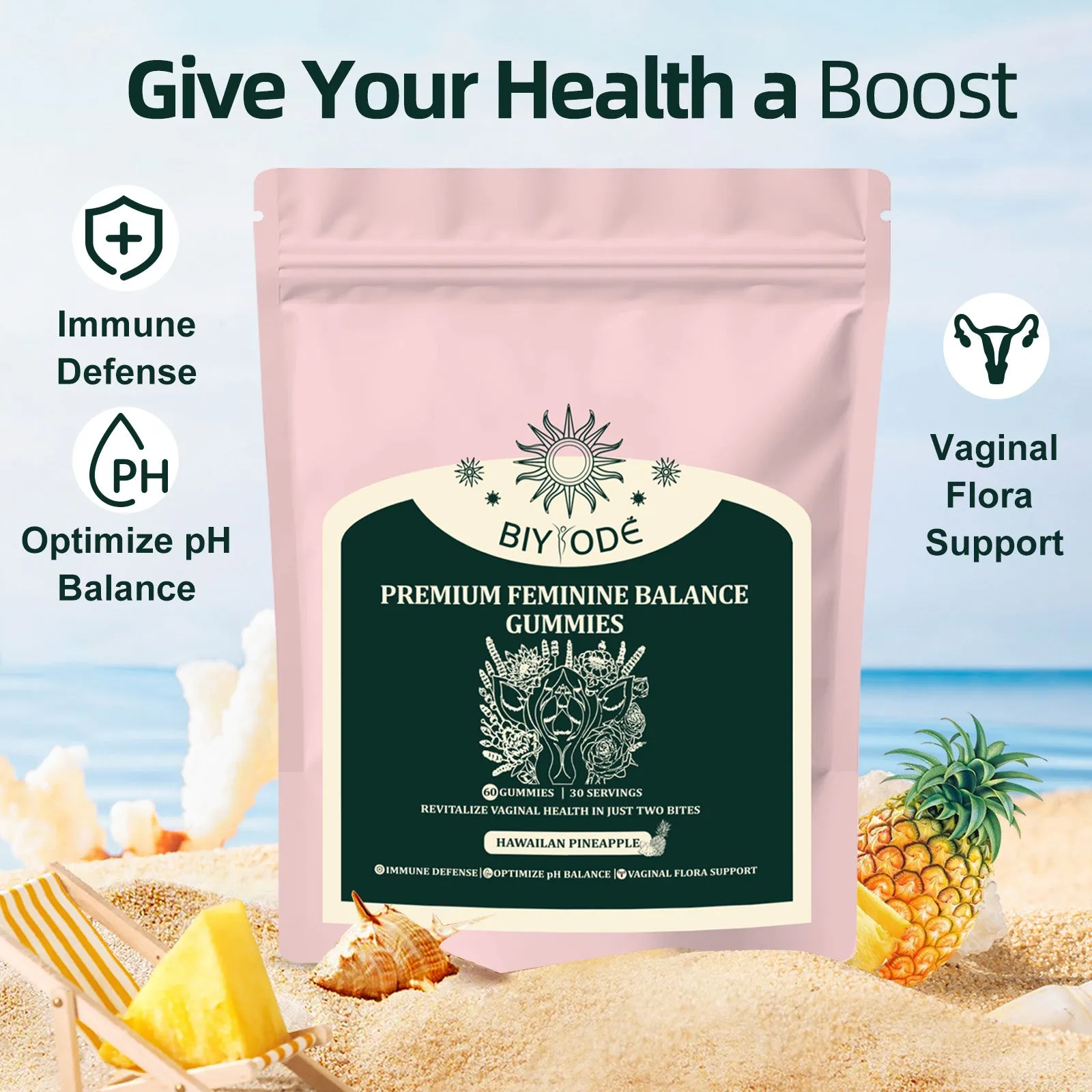 Bag of feminine balance vitamin C gummies with pineapple fruit powder for vaginal flora support