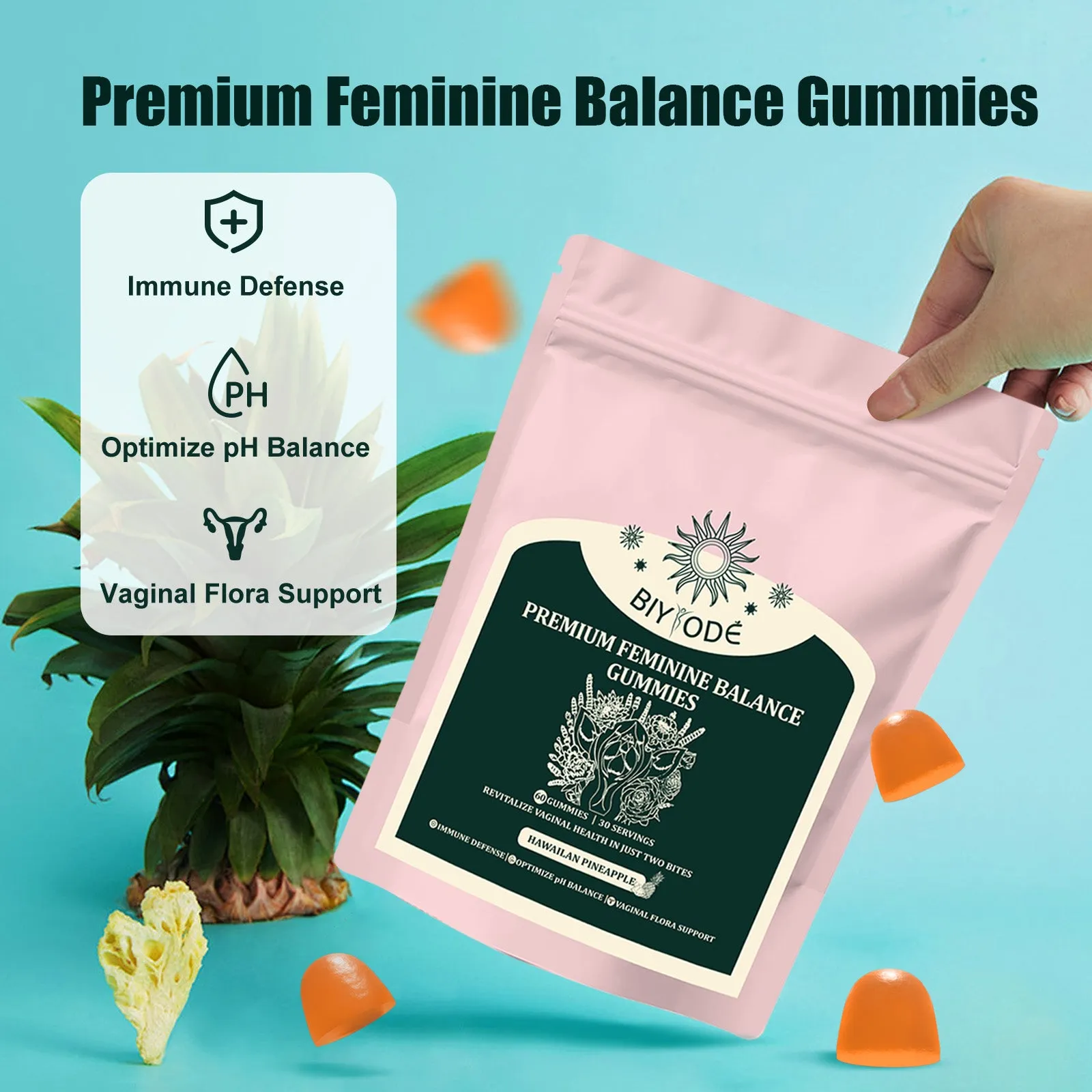 Bag of feminine balance vitamin C gummies with pineapple fruit powder for vaginal flora support