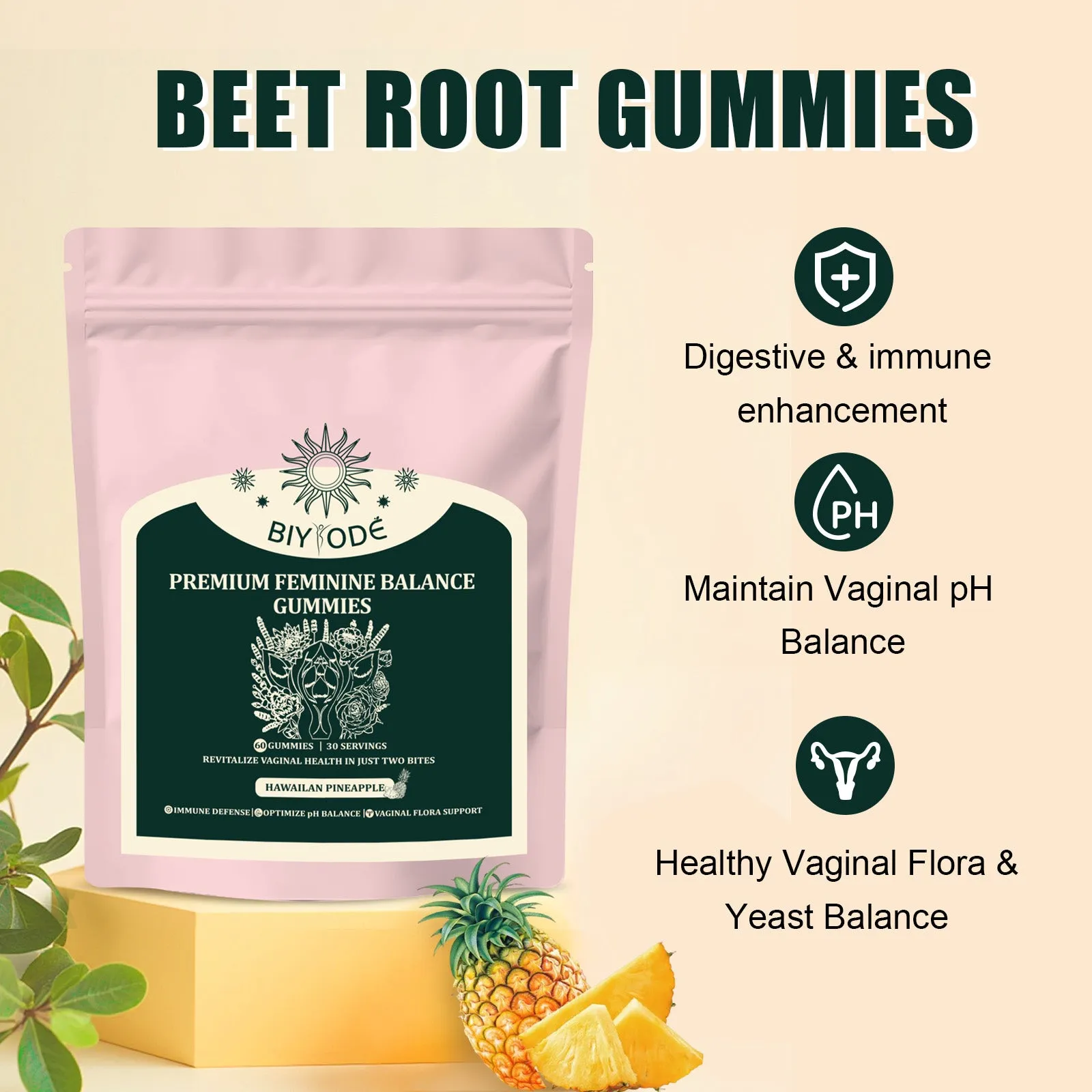 Bag of feminine balance vitamin C gummies with pineapple fruit powder for vaginal flora support