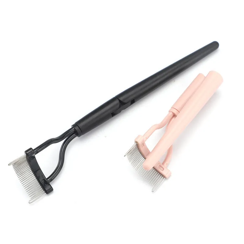 Portable semi-arc stainless steel needle eyelash brush with short handle in black for lash grooming