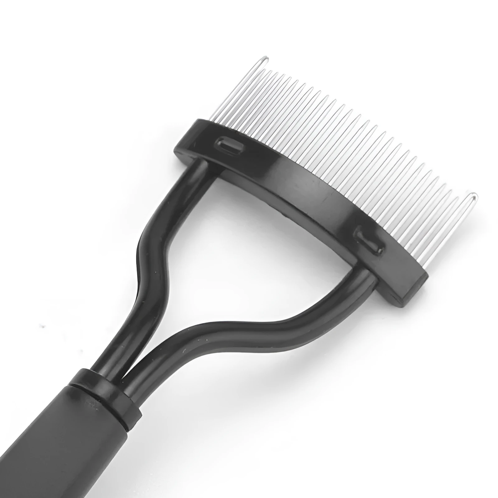 Portable semi-arc stainless steel needle eyelash brush with short handle in black for lash grooming