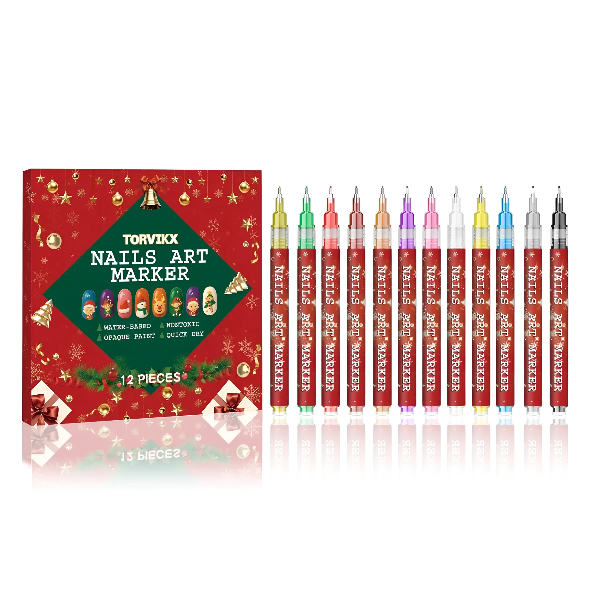 Christmas manicure graffiti pen set of 12 pieces with red, yellow, and blue pigments on a white background