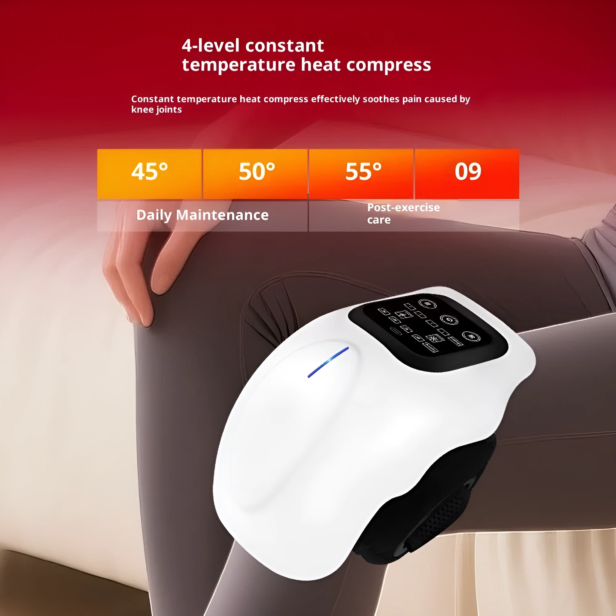 White smart electric heating knee massager with LCD display for infrared heat therapy on legs