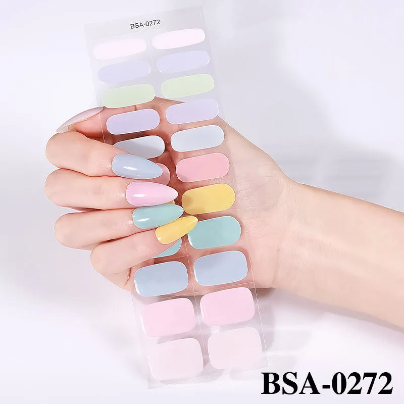 No-bake gel nail sticker set with alcohol swabs, nail file, and wooden stick on cardboard backing, showing various patterns