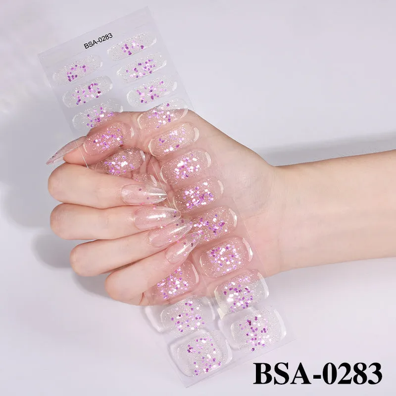 No-bake gel nail sticker set with alcohol swabs, nail file, and wooden stick on cardboard backing, showing various patterns