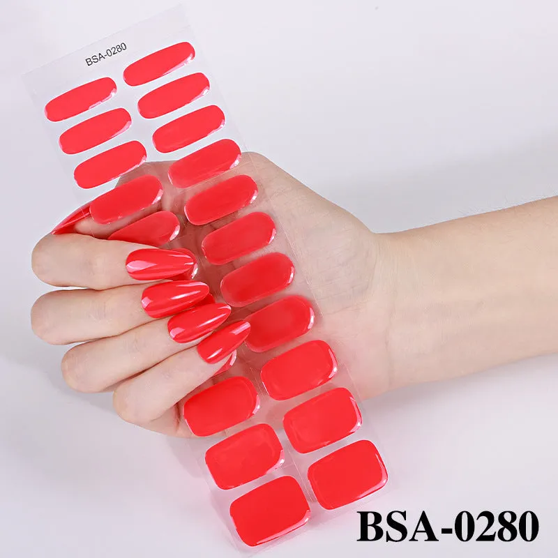 No-bake gel nail sticker set with alcohol swabs, nail file, and wooden stick on cardboard backing, showing various patterns