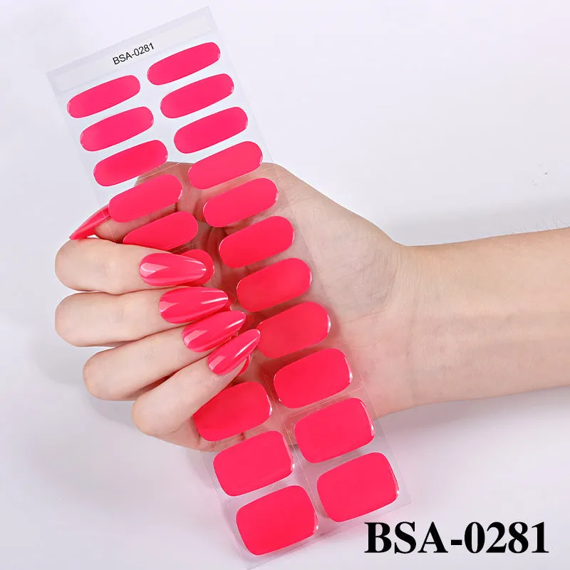 No-bake gel nail sticker set with alcohol swabs, nail file, and wooden stick on cardboard backing, showing various patterns