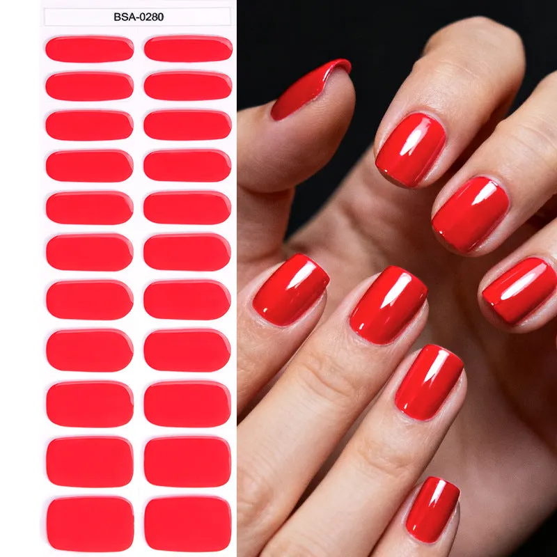 No-bake gel nail sticker set with alcohol swabs, nail file, and wooden stick on cardboard backing, showing various patterns