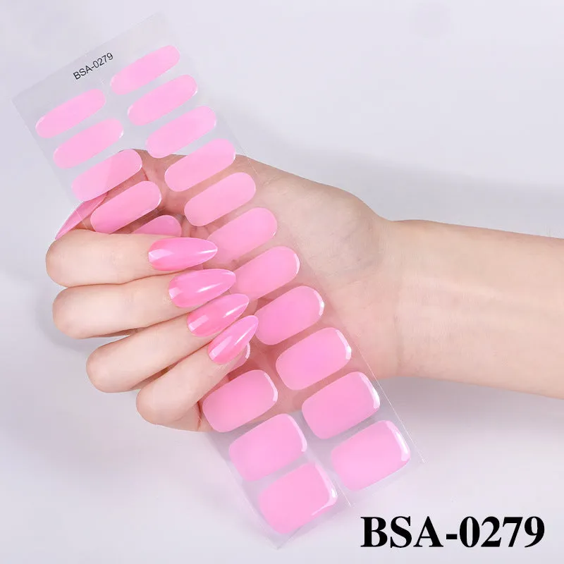 No-bake gel nail sticker set with alcohol swabs, nail file, and wooden stick on cardboard backing, showing various patterns
