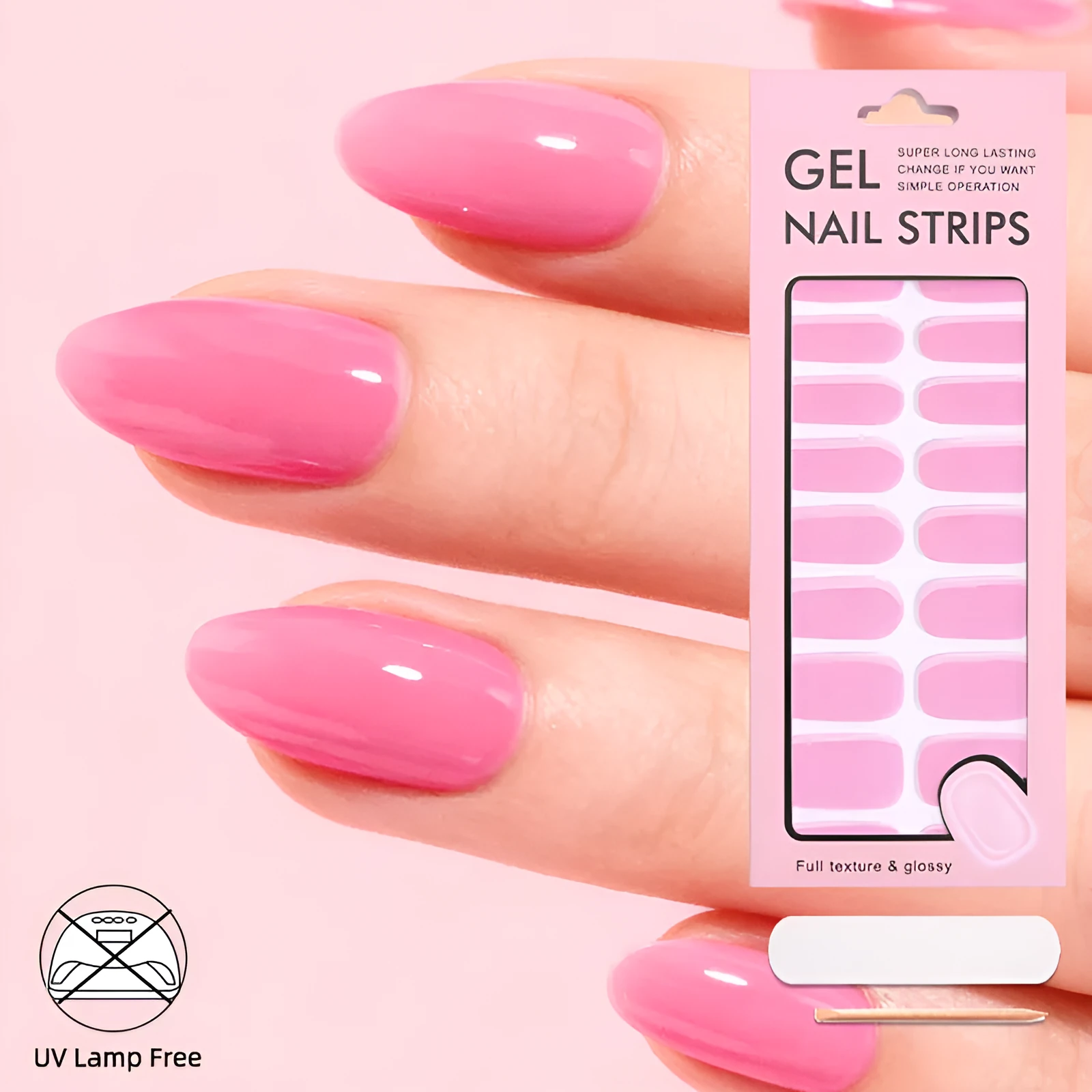 No-bake gel nail sticker set with alcohol swabs, nail file, and wooden stick on cardboard backing, showing various patterns
