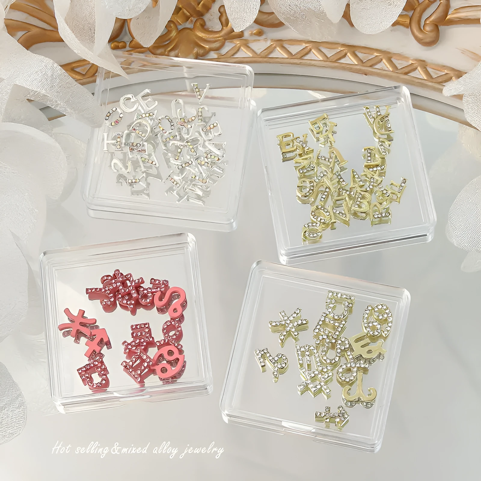12 Constellation Nail Art Accessories set of metal alloy Princess Series decals with letters pattern in gold tone