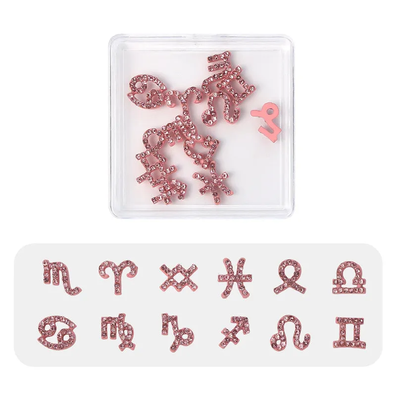 12 Constellation Nail Art Accessories set of metal alloy Princess Series decals with letters pattern in gold tone