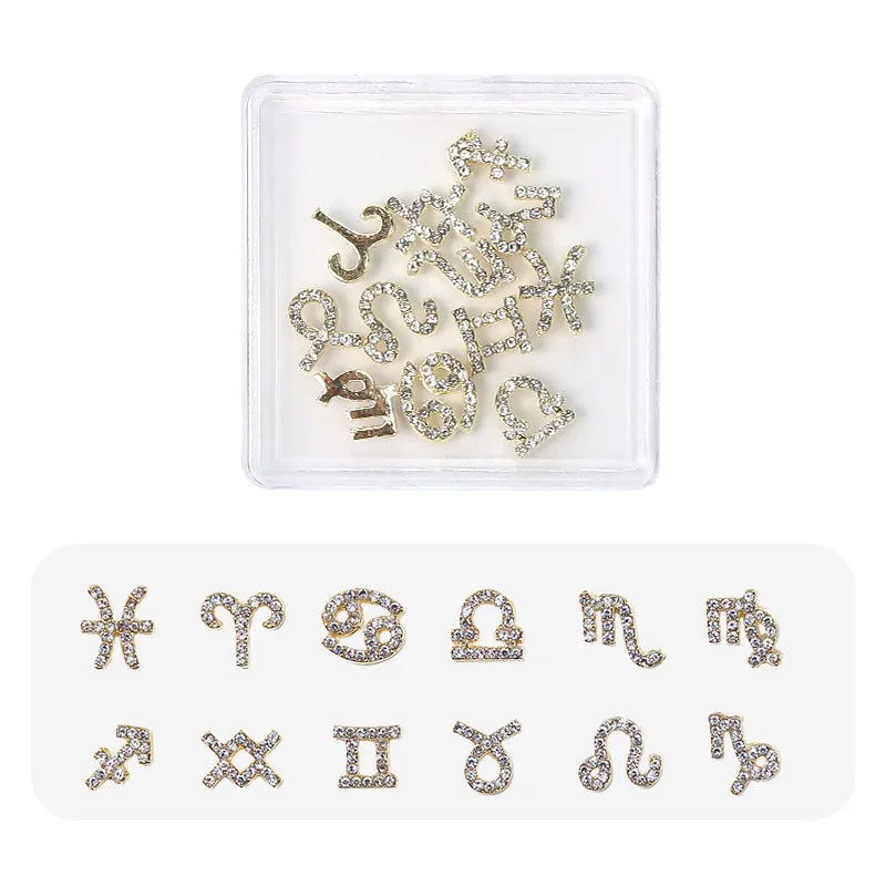 12 Constellation Nail Art Accessories set of metal alloy Princess Series decals with letters pattern in gold tone