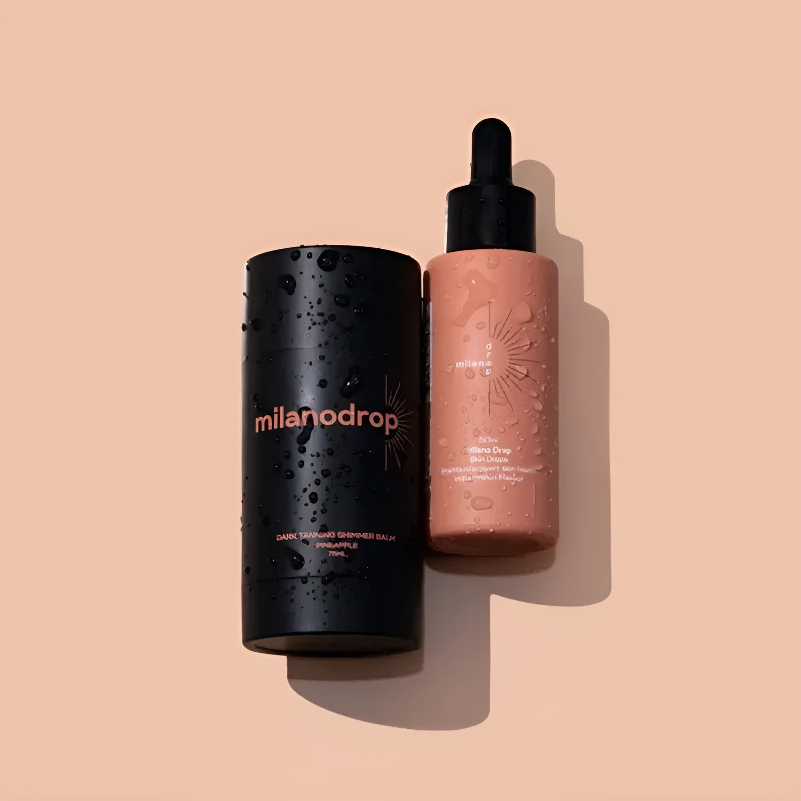 Matte Sun Tanning Black Liquid drops and tanning flash cream set, 50ml and 75ml bottles for sunless tanning.