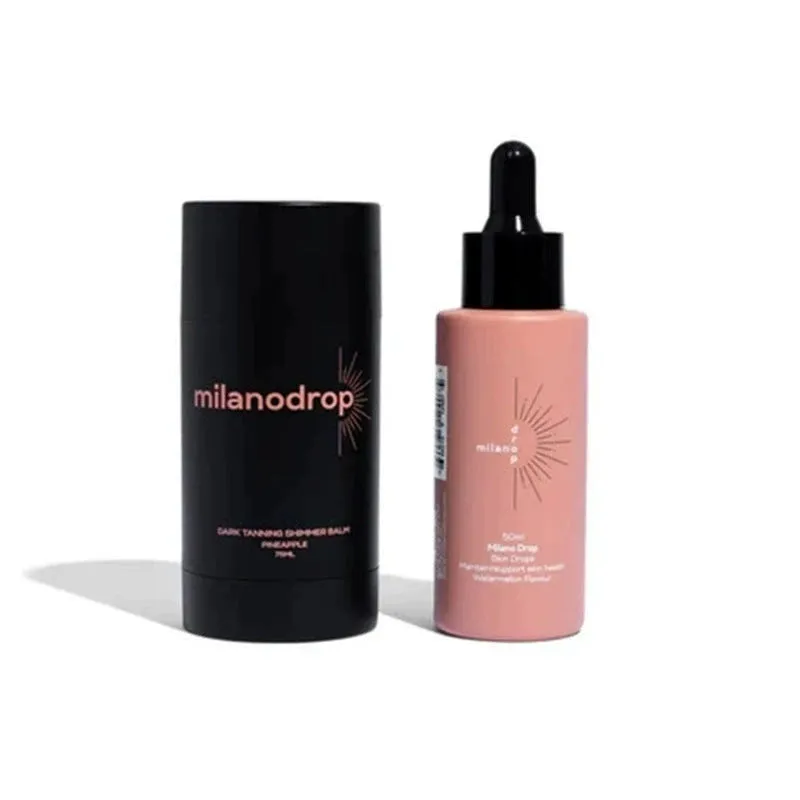 Matte Sun Tanning Black Liquid drops and tanning flash cream set, 50ml and 75ml bottles for sunless tanning.