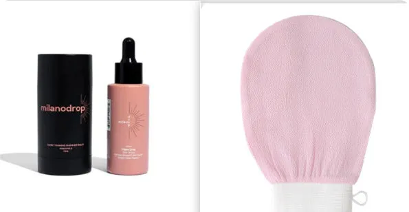 Matte Sun Tanning Black Liquid drops and tanning flash cream set, 50ml and 75ml bottles for sunless tanning.