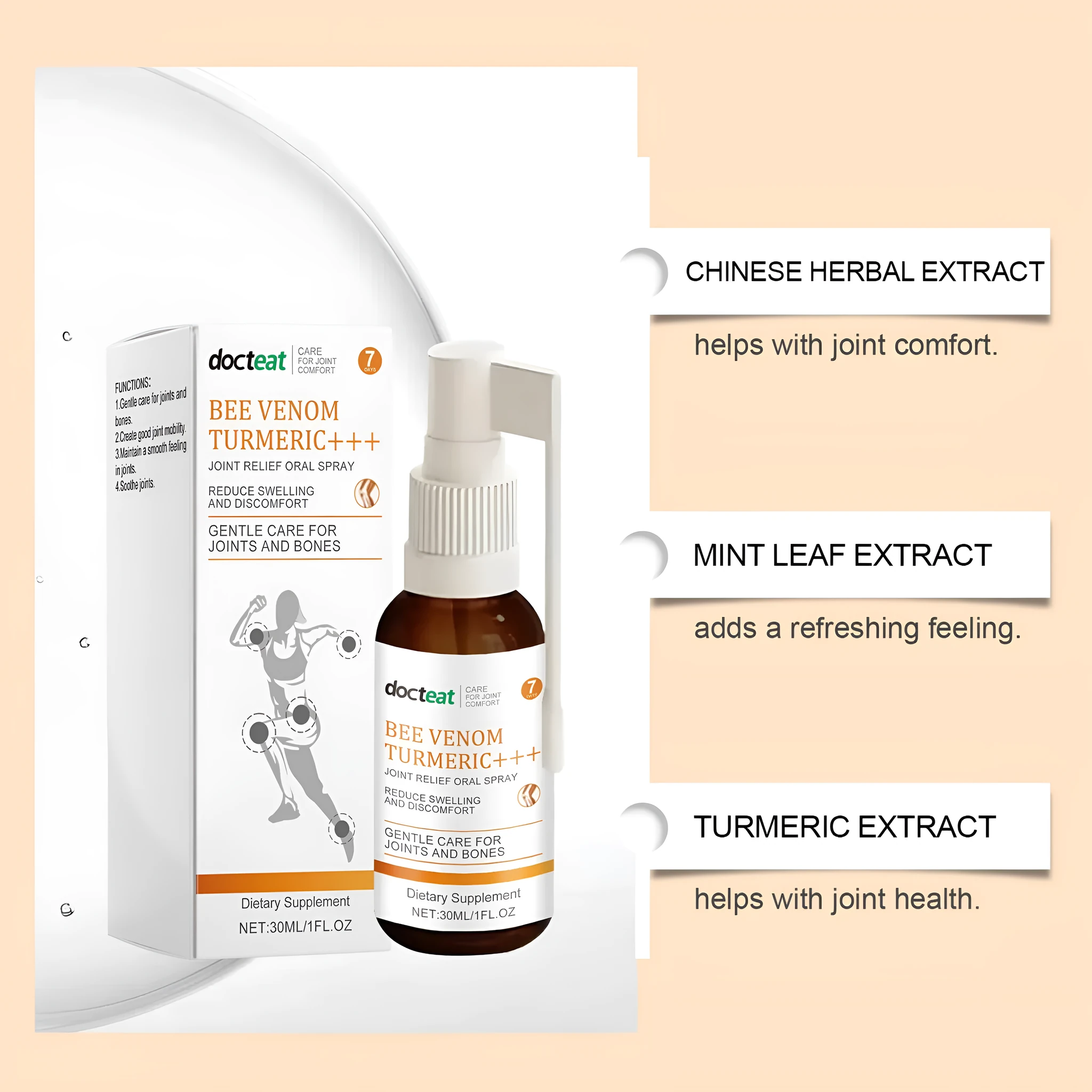 30ml bottle of joint soothing spray with traditional Chinese medicine extracts for daily use.