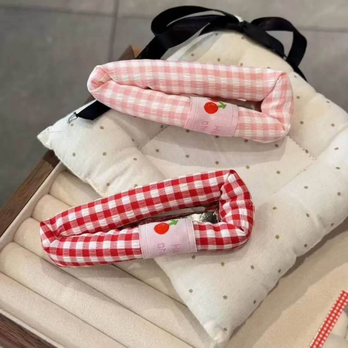 Cute plaid cherry barrette for girls in blue checkered pattern handmade cloth hair clip