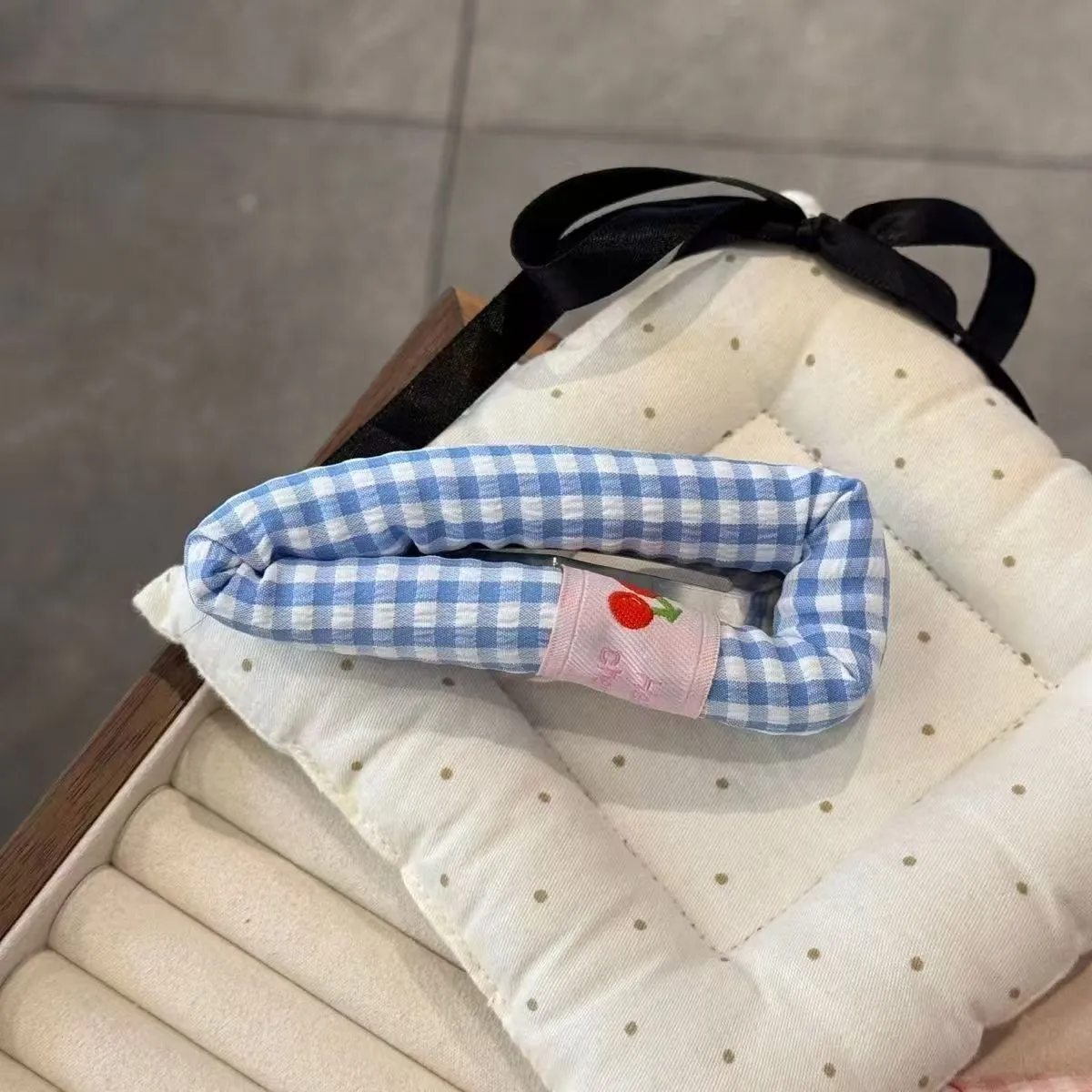 Cute plaid cherry barrette for girls in blue checkered pattern handmade cloth hair clip
