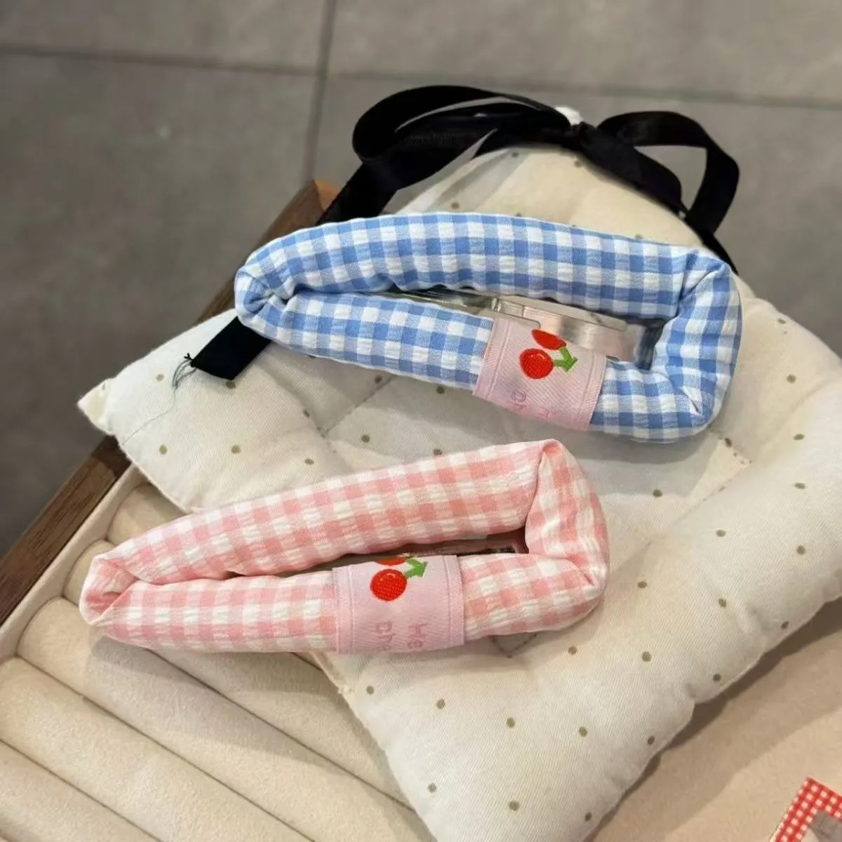 Cute plaid cherry barrette for girls in blue checkered pattern handmade cloth hair clip