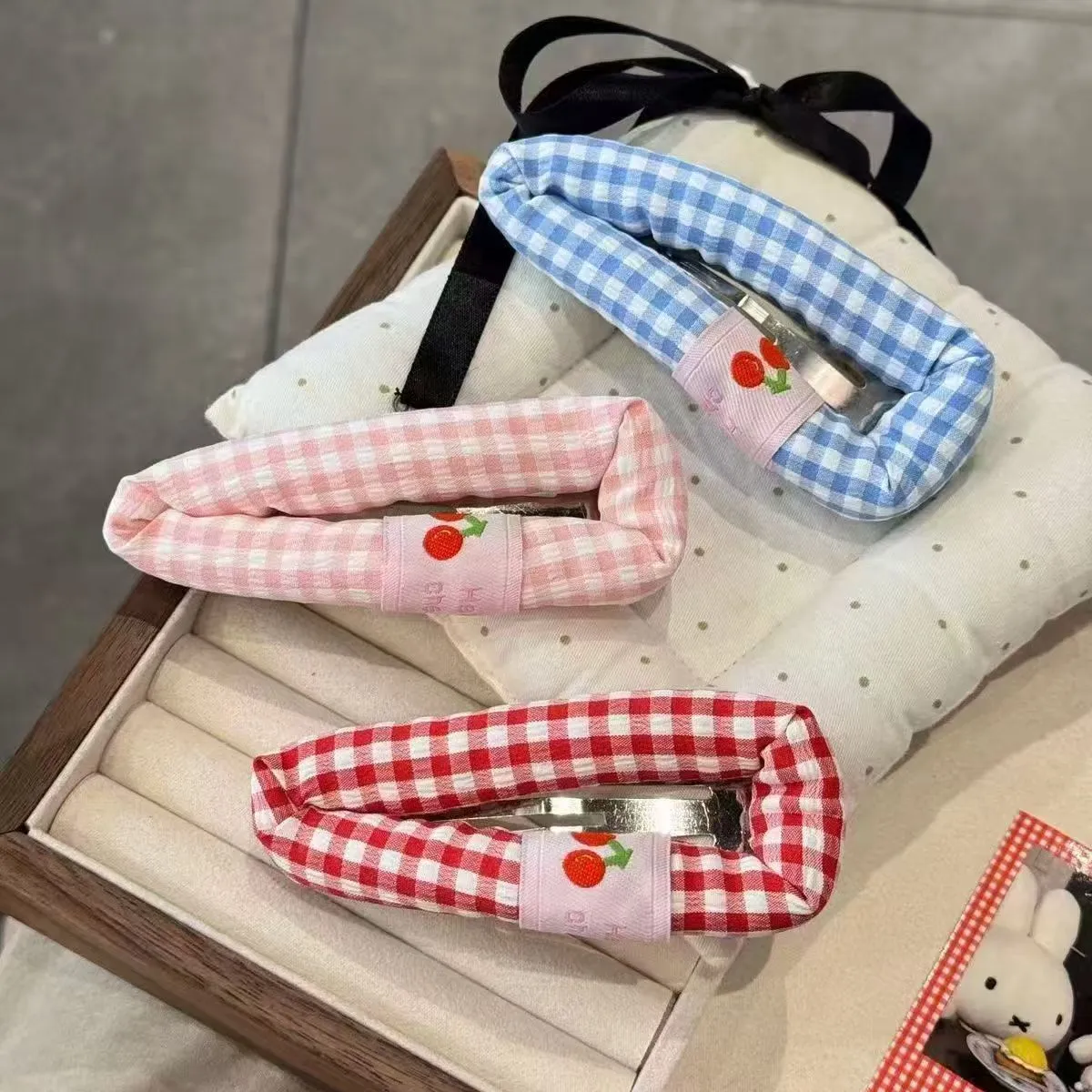 Cute plaid cherry barrette for girls in blue checkered pattern handmade cloth hair clip