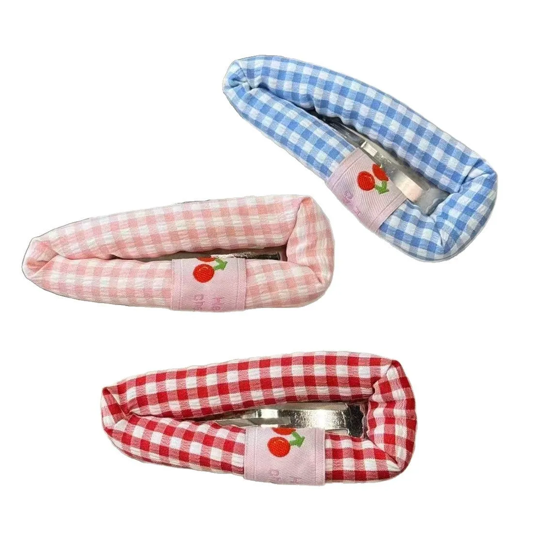 Cute plaid cherry barrette for girls in blue checkered pattern handmade cloth hair clip