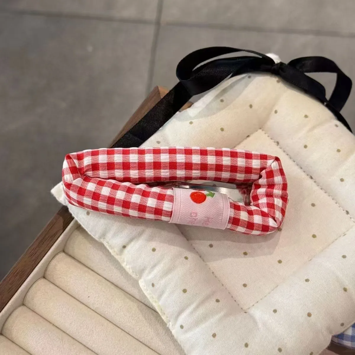Cute plaid cherry barrette for girls in blue checkered pattern handmade cloth hair clip