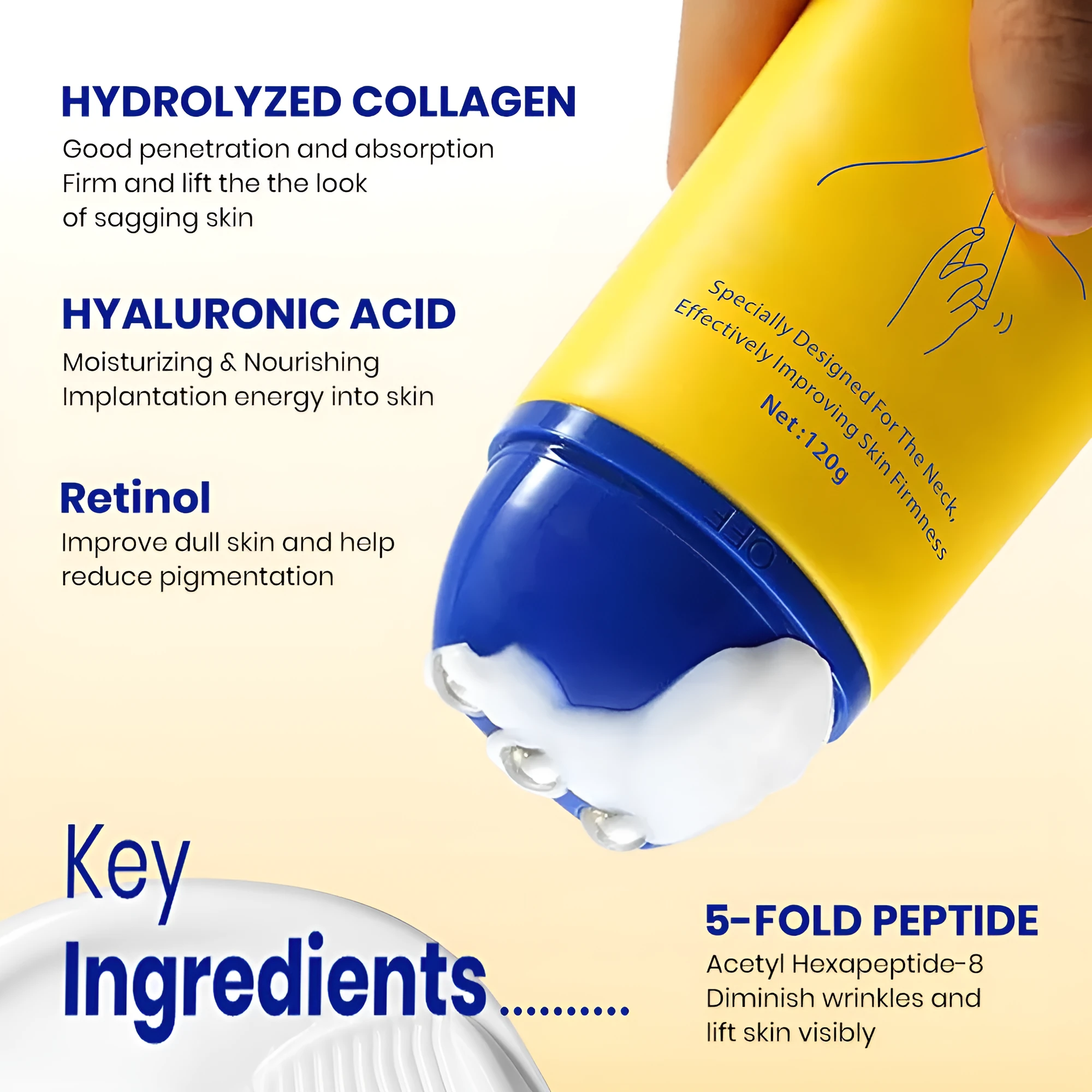 KOEC Polypeptide Moisturising Neck Cream 120g with steel ball applicator, light grain texture