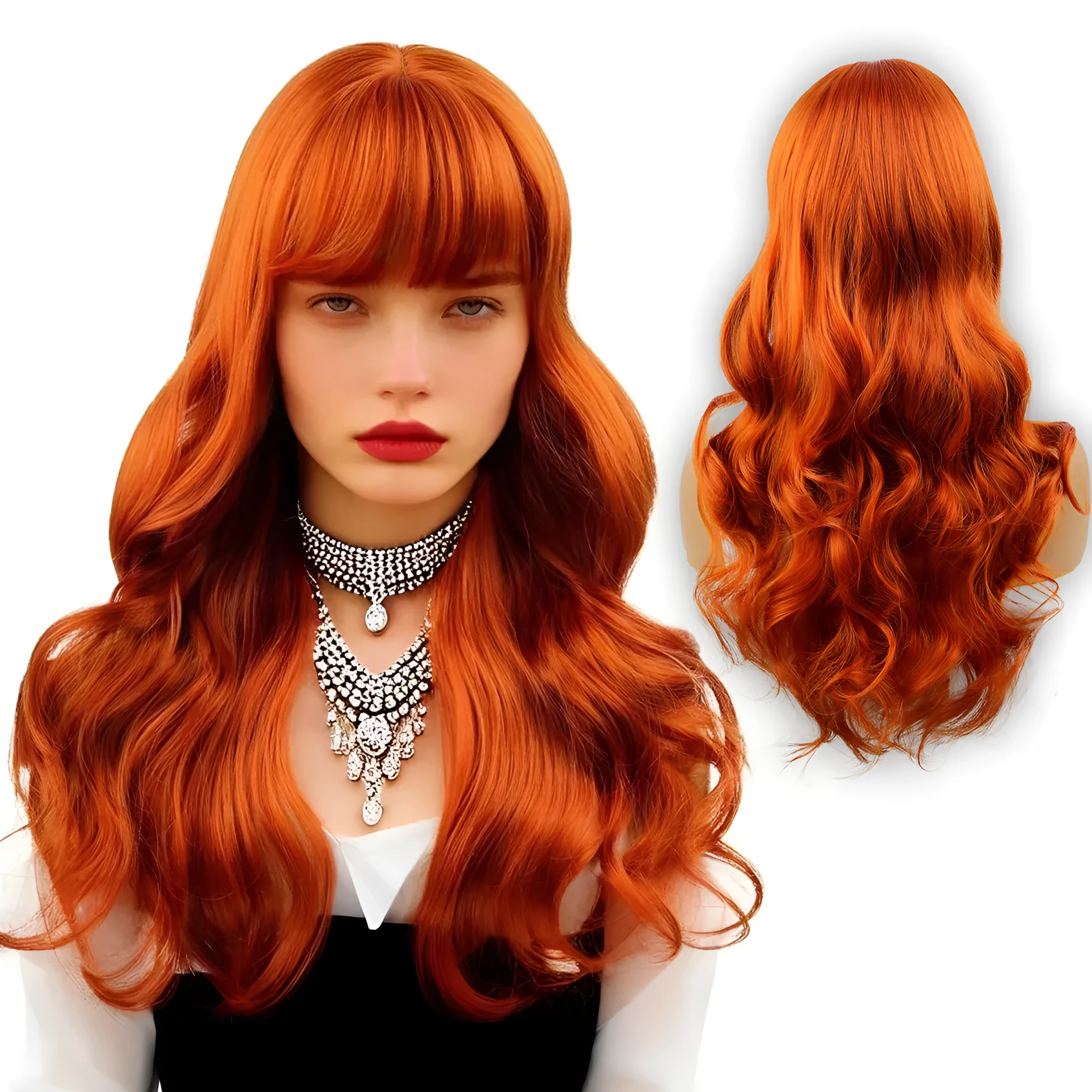 Women's orange wavy bangs synthetic wig made from high temperature fibre in natural style for role play