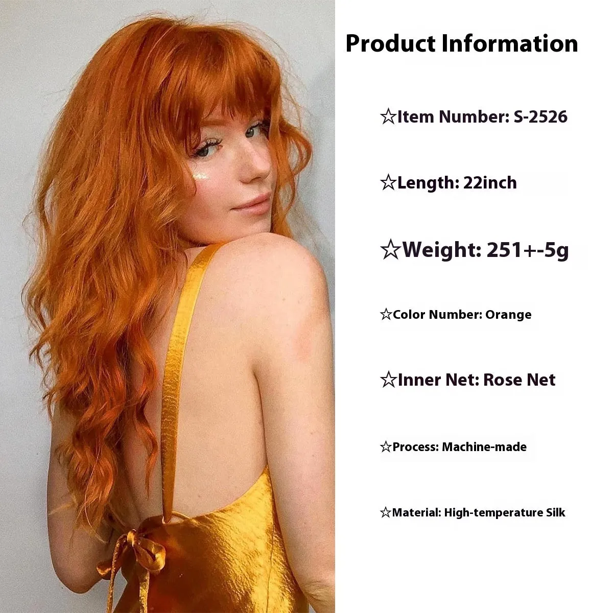 Women's orange wavy bangs synthetic wig made from high temperature fibre in natural style for role play
