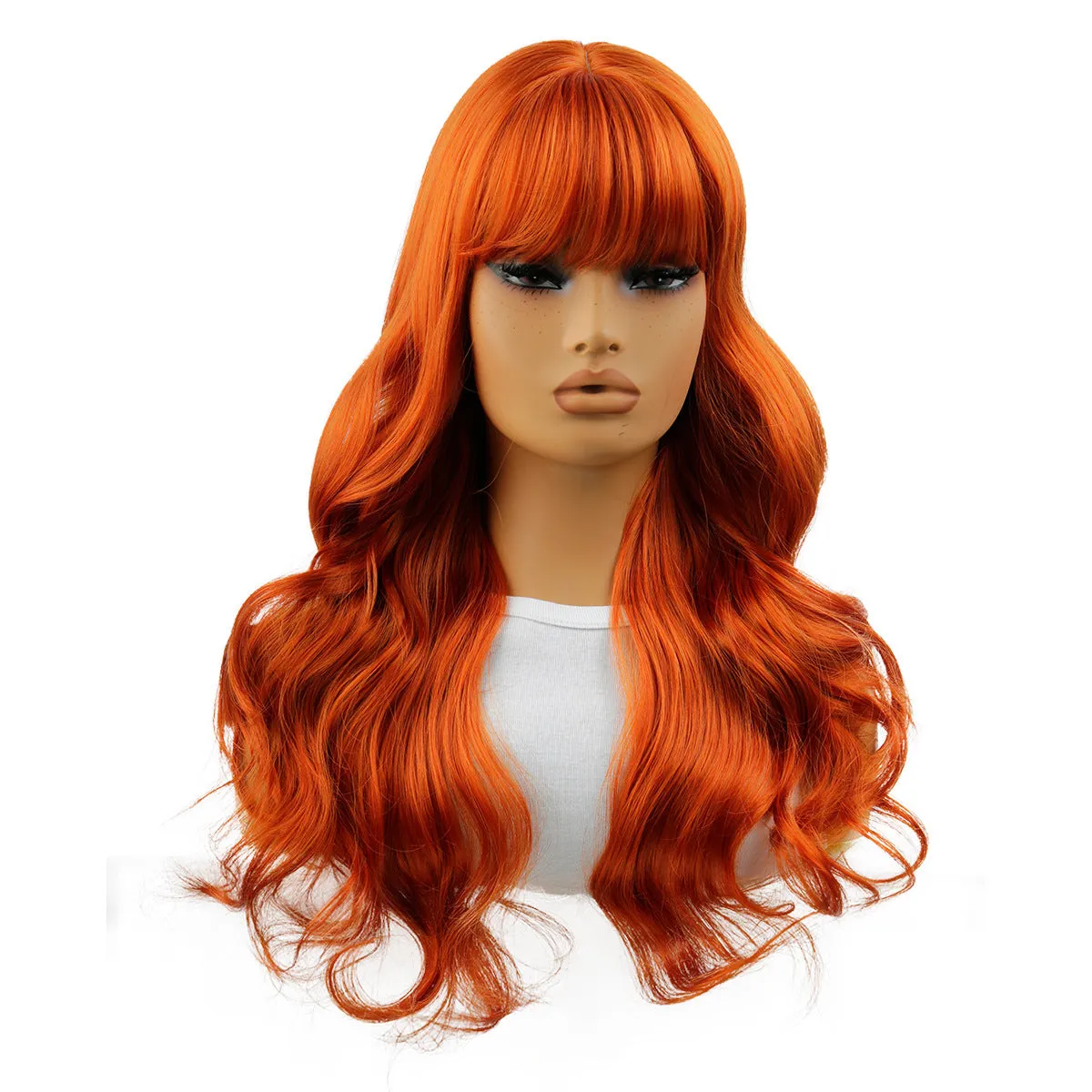 Women's orange wavy bangs synthetic wig made from high temperature fibre in natural style for role play