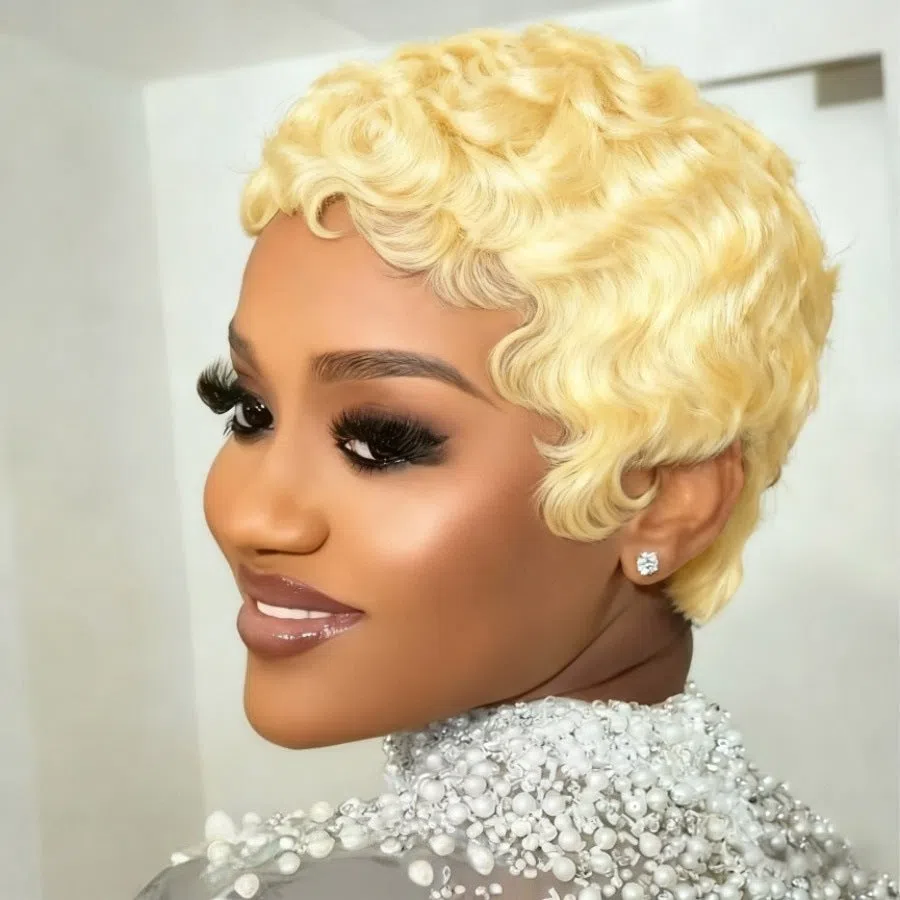 Blonde curly pixie cut human hair wig with wave pattern 6inch 613# gold colour