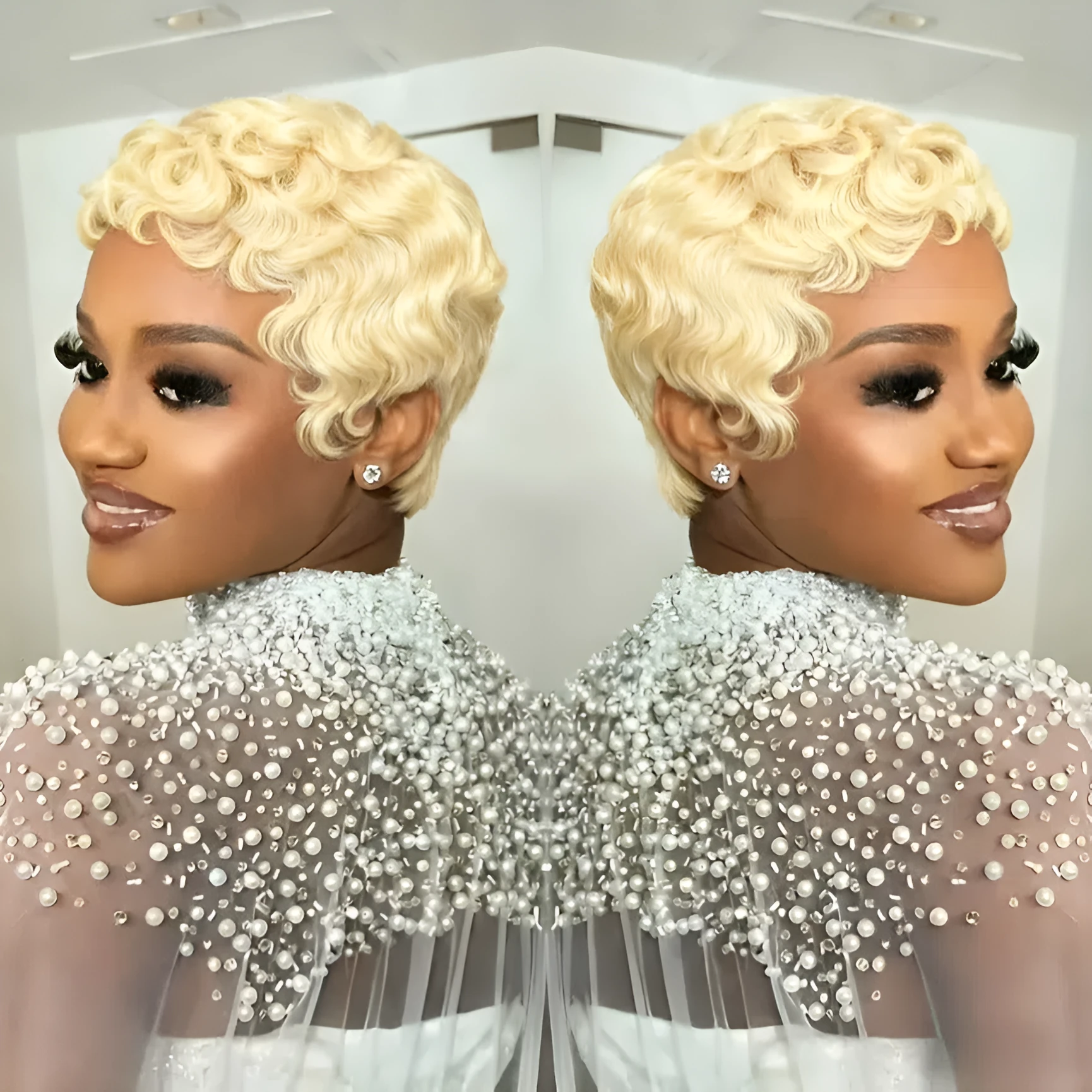 Blonde curly pixie cut human hair wig with wave pattern 6inch 613# gold colour