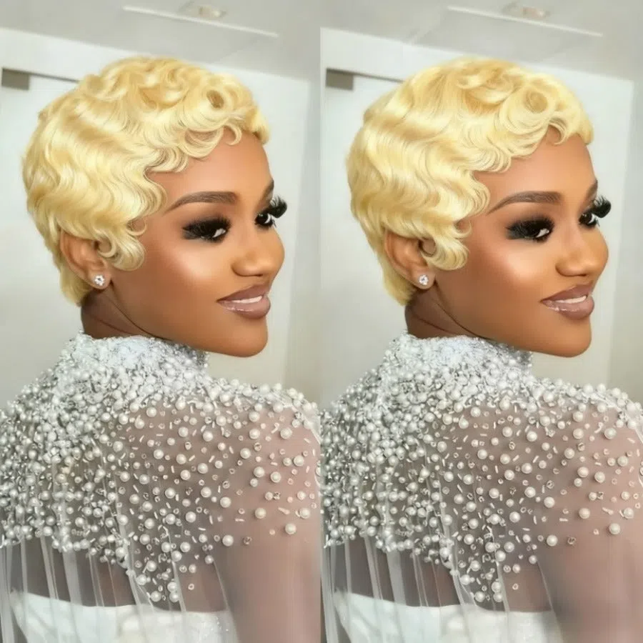 Blonde curly pixie cut human hair wig with wave pattern 6inch 613# gold colour