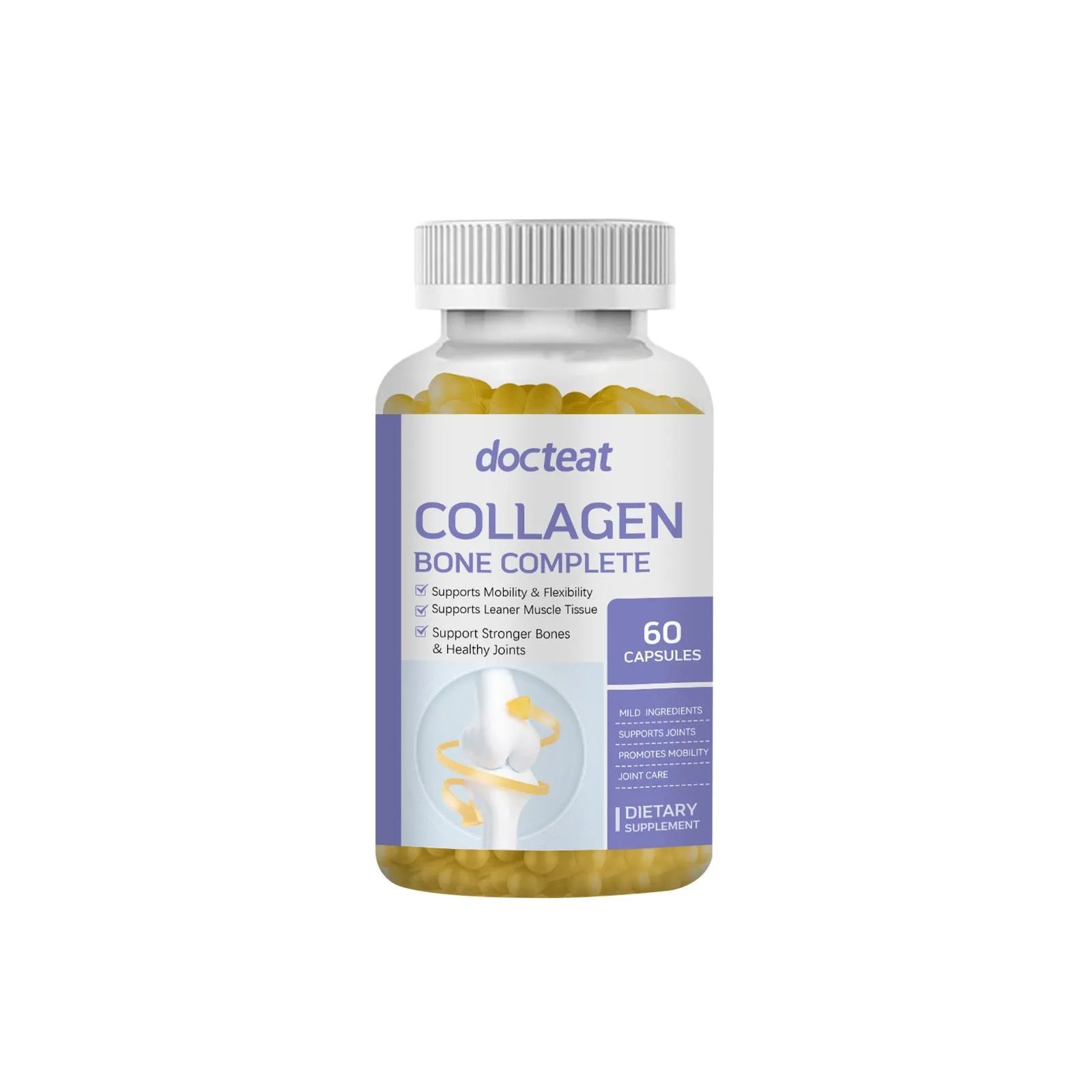 Bottle of 60 marine collagen capsules with vitamins C, D3, K2 and calcium.