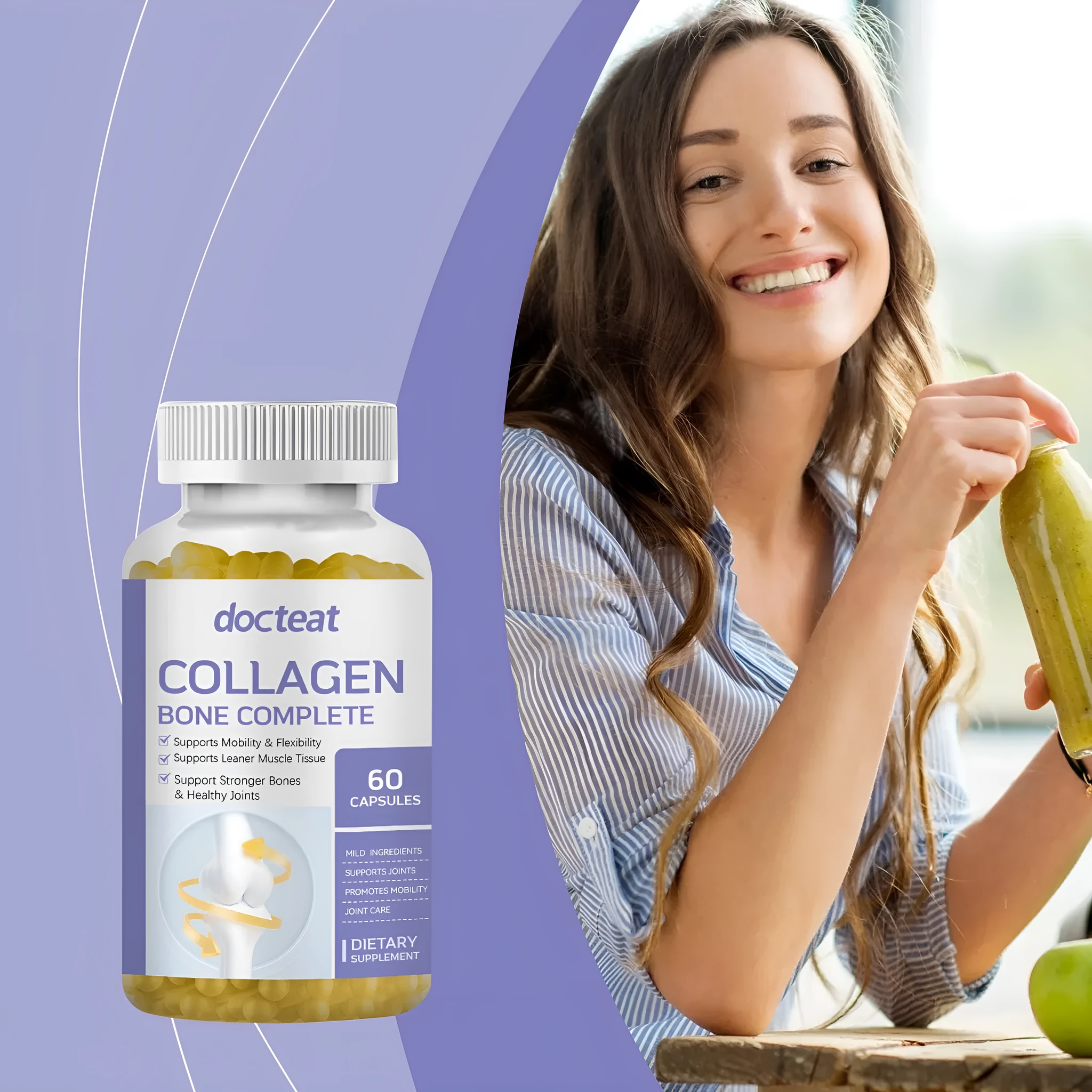 Bottle of 60 marine collagen capsules with vitamins C, D3, K2 and calcium.