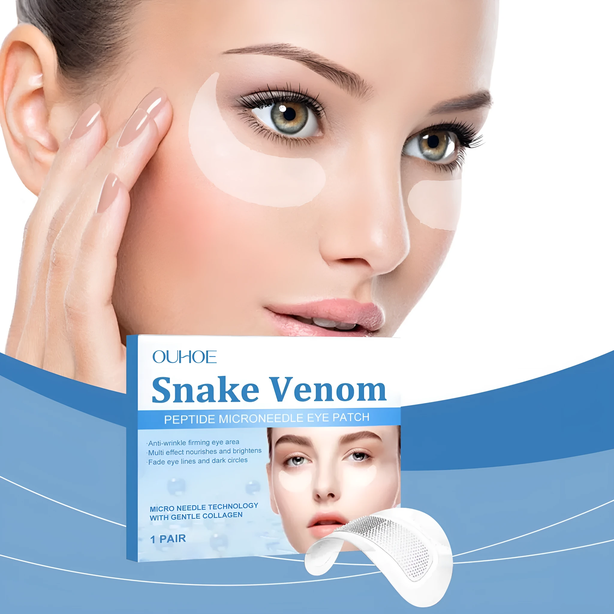 Single pair of elastic microneedle eye care patches on a white background