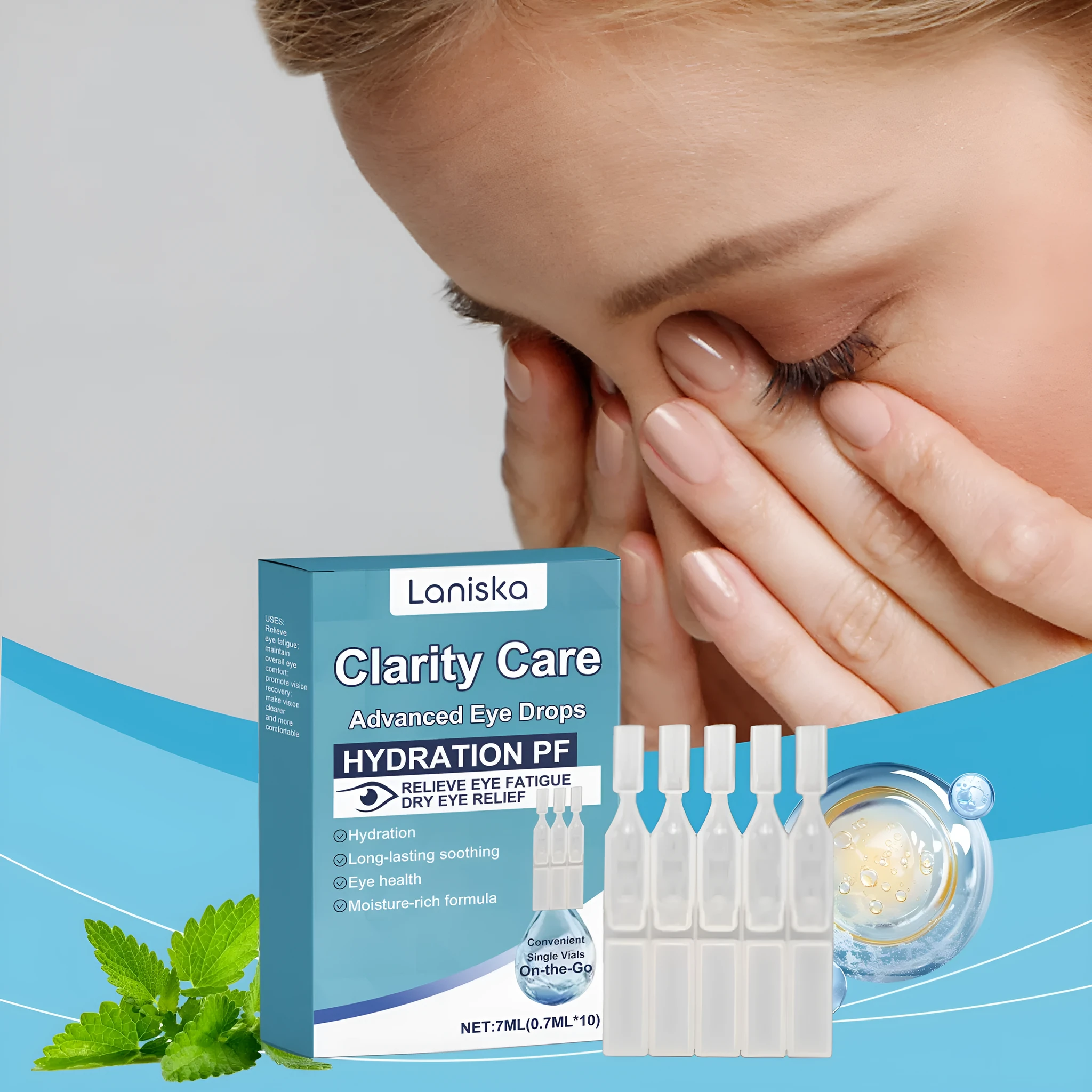 Bright and gentle care moisturising eye drops bottle with sodium hyaluronate and mint leaf