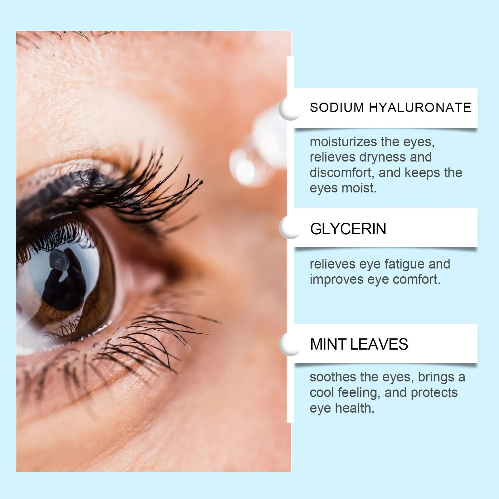 Bright and gentle care moisturising eye drops bottle with sodium hyaluronate and mint leaf