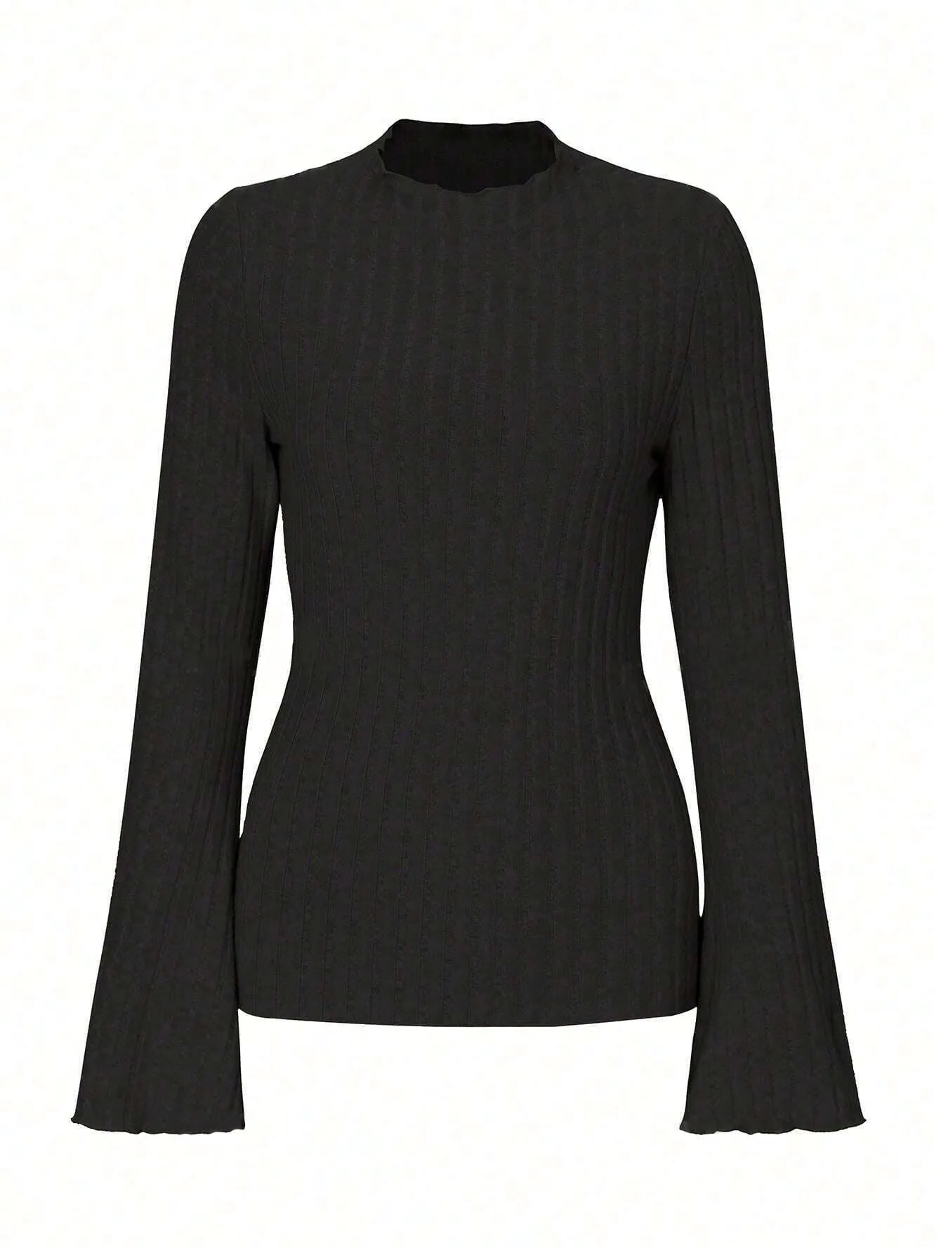 Black slim-fit long sleeve top with round neck and subtle sunken stripe pattern on soft brushed fabric.