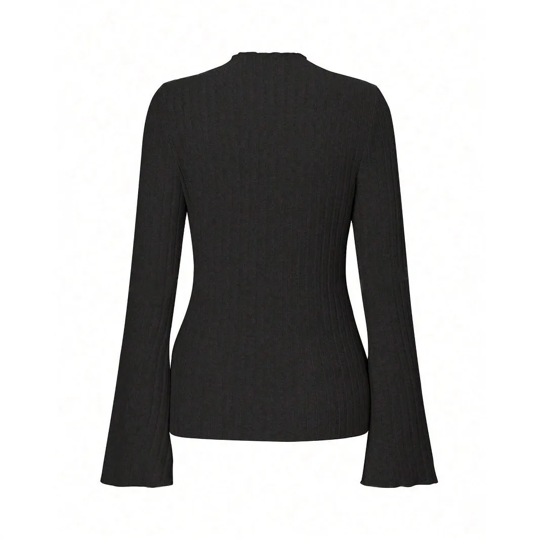 Black slim-fit long sleeve top with round neck and subtle sunken stripe pattern on soft brushed fabric.