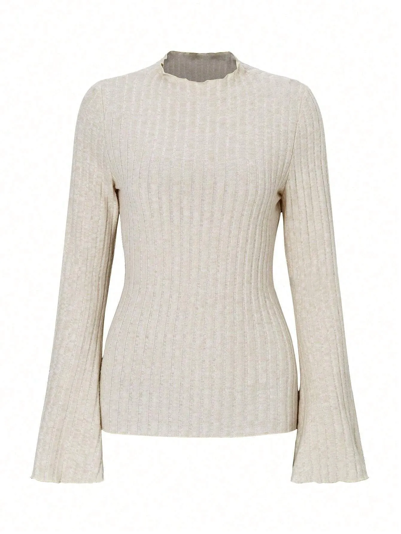 Black slim-fit long sleeve top with round neck and subtle sunken stripe pattern on soft brushed fabric.