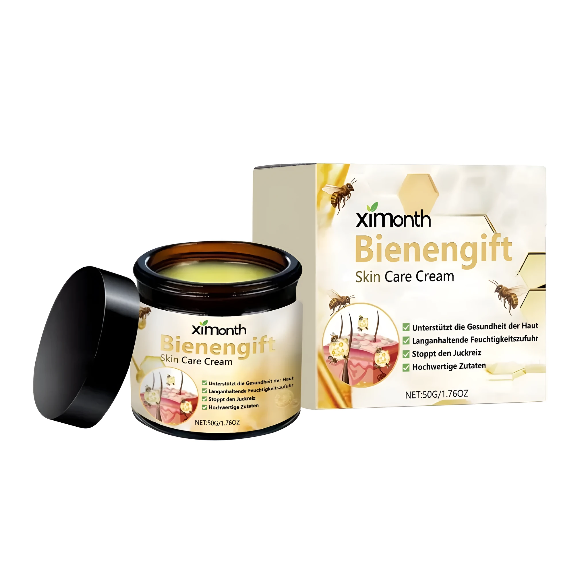 50g glass jar of skin care cream with natural ingredient label including mint and tea tree oil.