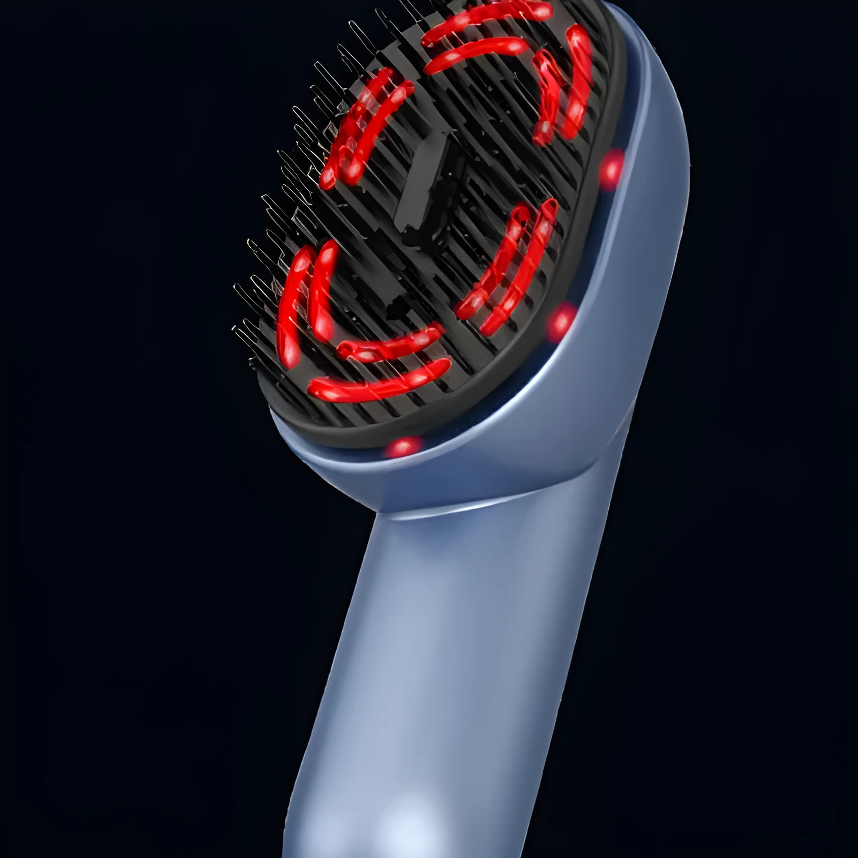 USB Type-C rechargeable atomised massage comb for head and scalp, showing red light and vibration functions.