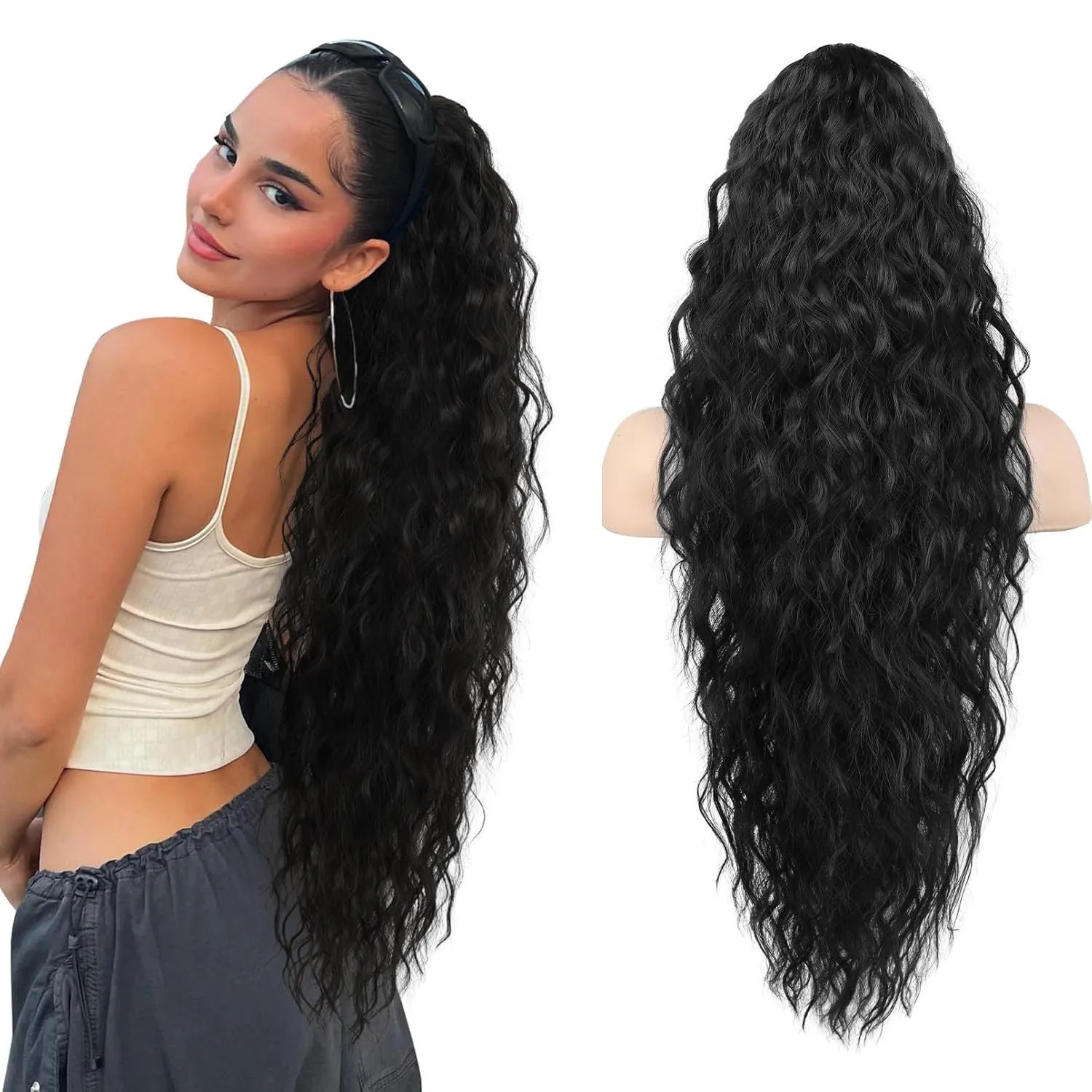Long curly synthetic ponytail wig in high temperature fibre, 30 inches in length.