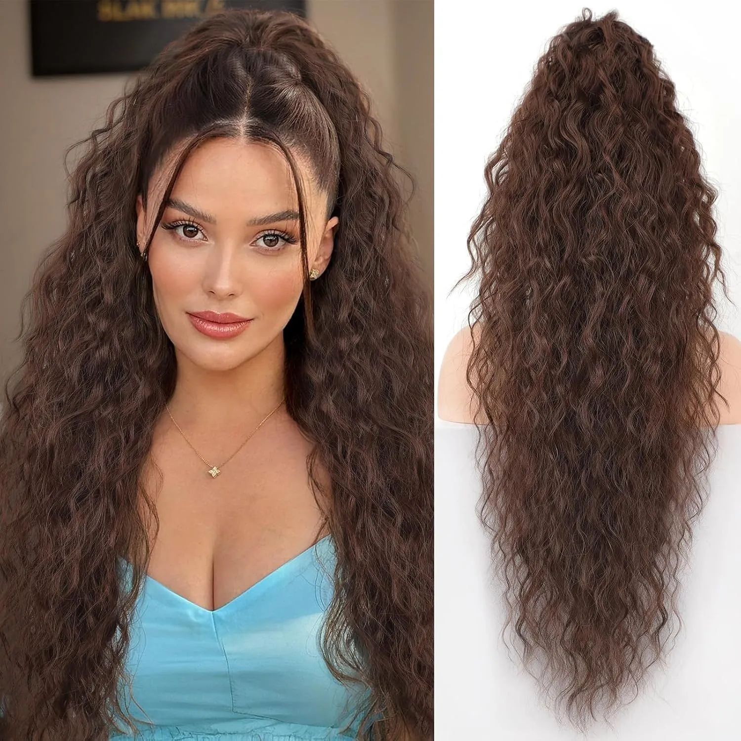 Long curly synthetic ponytail wig in high temperature fibre, 30 inches in length.