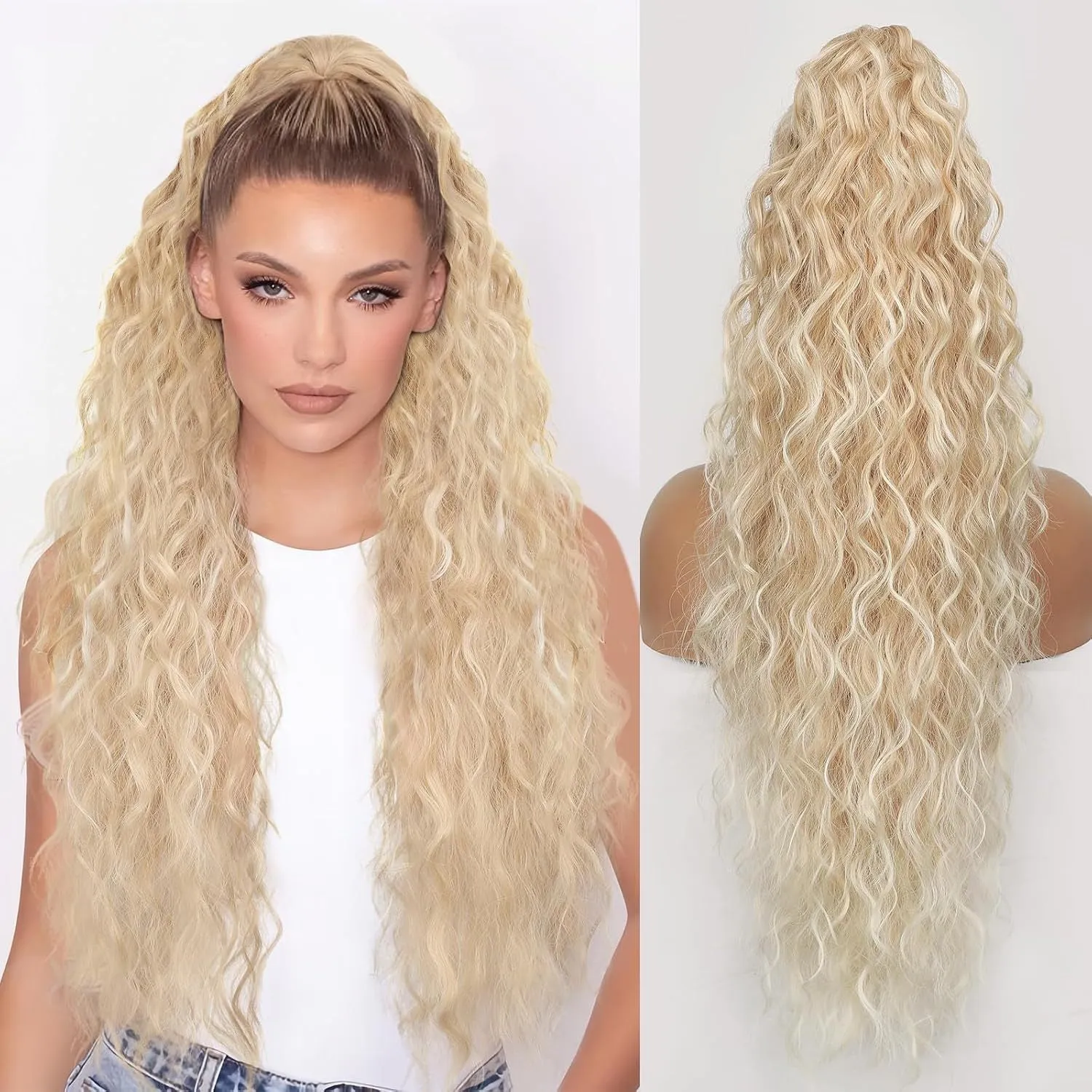 Long curly synthetic ponytail wig in high temperature fibre, 30 inches in length.