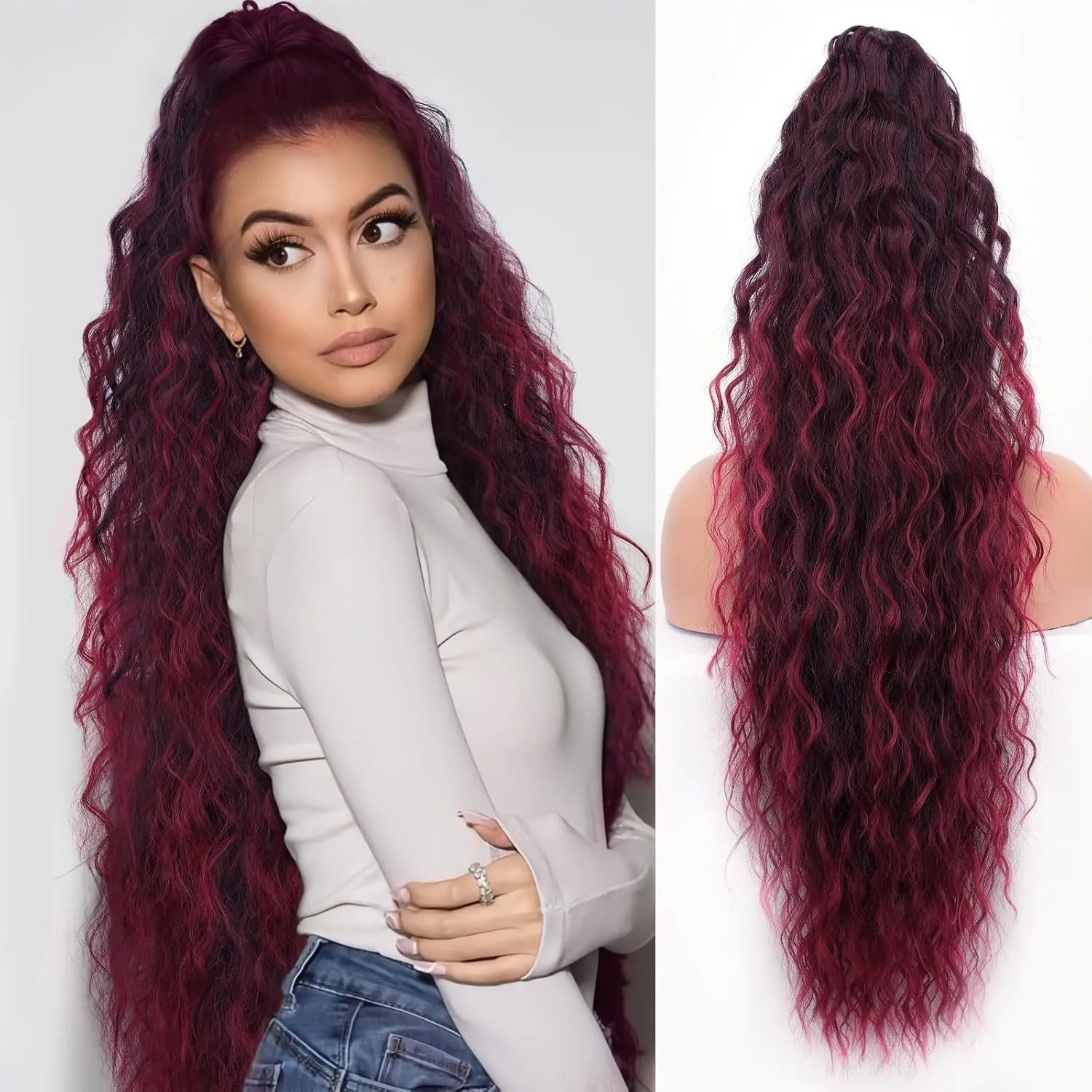 Long curly synthetic ponytail wig in high temperature fibre, 30 inches in length.