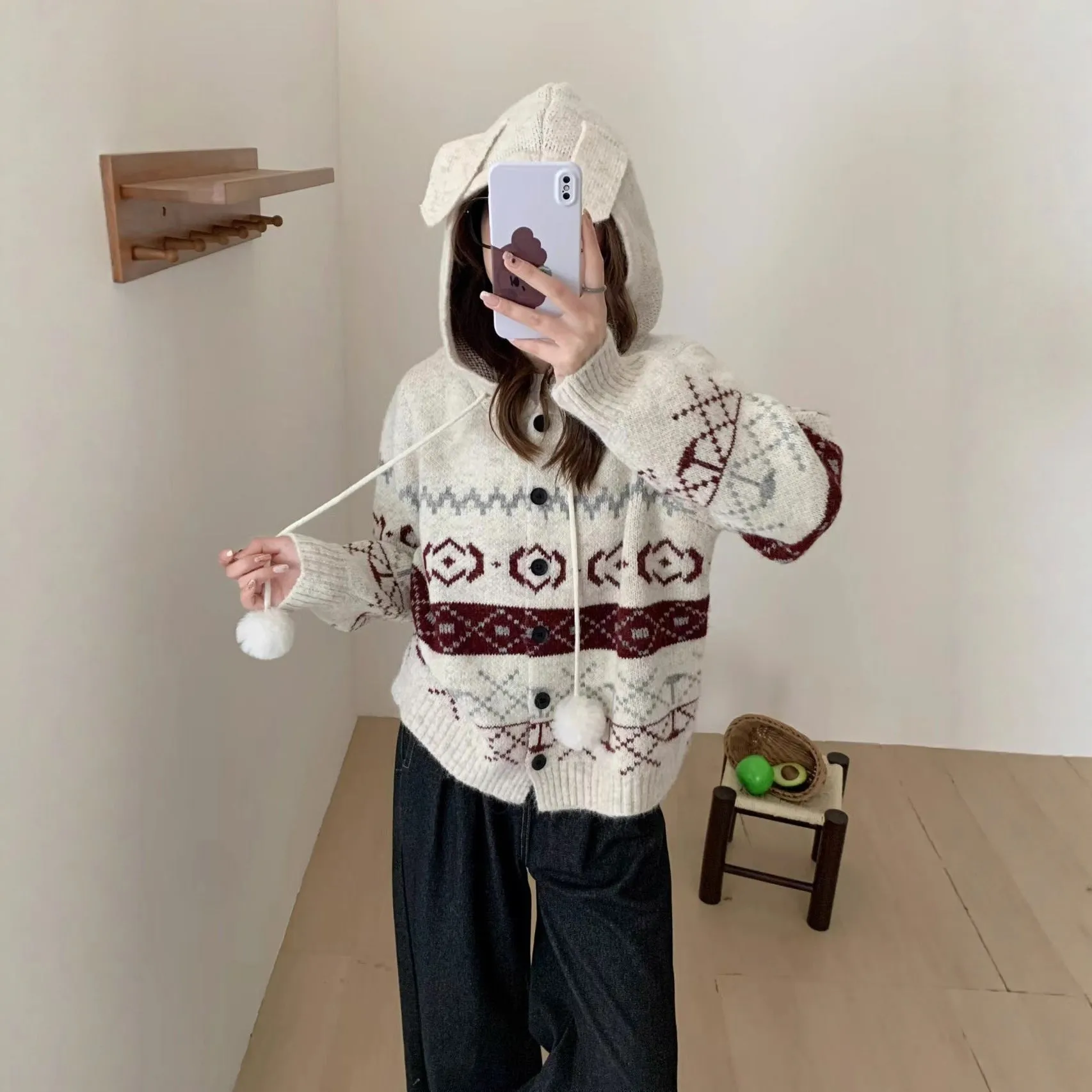 Women's loose-fit geometric brocade sweater coat in milky white, plus size.